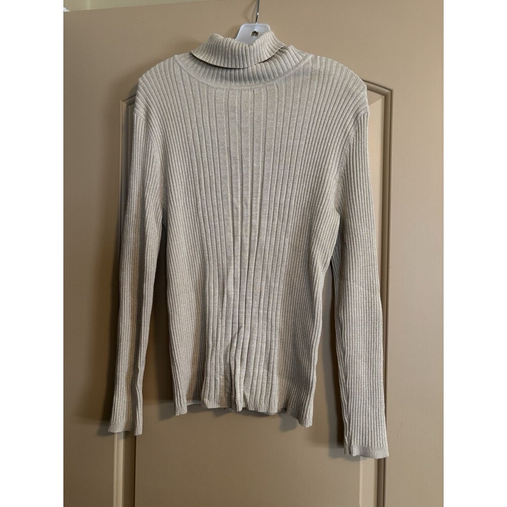 212 Collection Woman Beige Sparkle Ribbed L/S Turtle Neck Sweater-Size Large-NWT